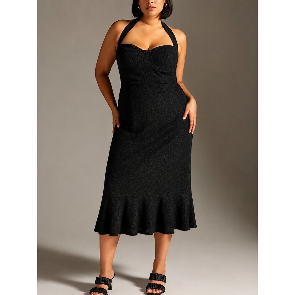 Anthropologie NWT Hutch Halter Corset Midi Dress in Black Size 2X Ruffle